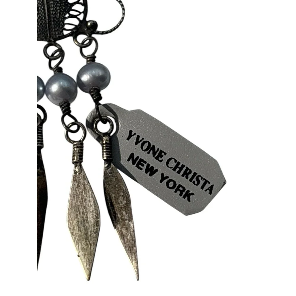 Vintage Yvone Christa Sterling Silver 925 Pearl Filigree Pierced Dangle Earrings